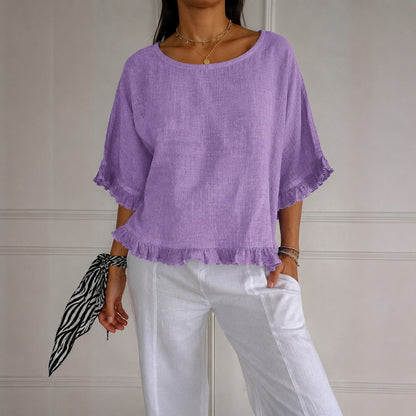 Blusa de Lino Sin Esfuerzo para Mujeres con Cuello Redondo, Manga de Codo y Estilo Relajado con Volantes