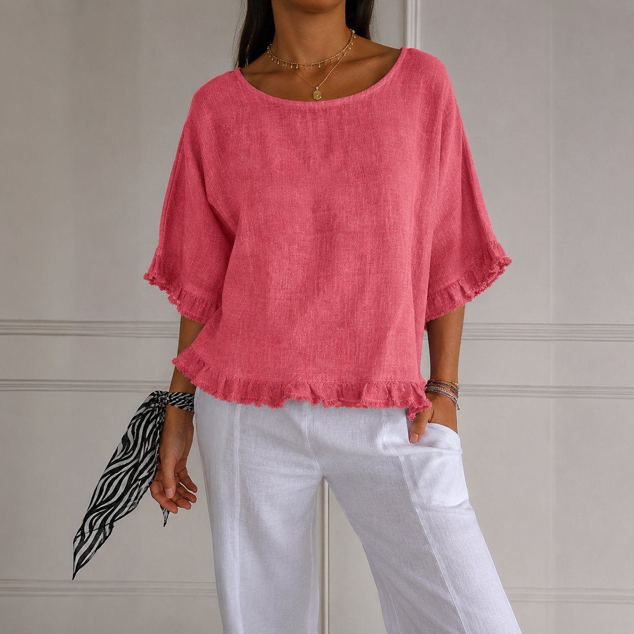 Blusa de Lino Sin Esfuerzo para Mujeres con Cuello Redondo, Manga de Codo y Estilo Relajado con Volantes