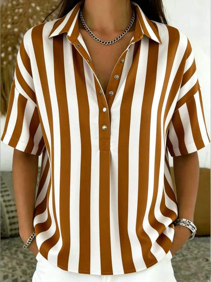 Blusa a Rayas Sin Esfuerzo para Mujeres con Cuello, Manga Corta, Botones Frente, Estilo Casual Relajado