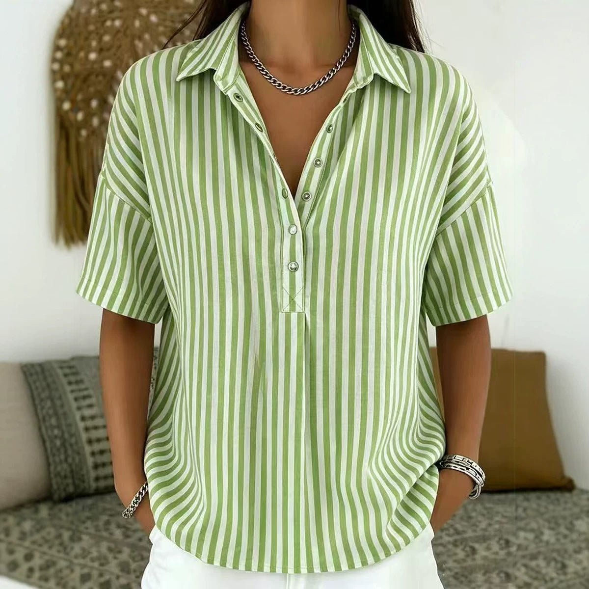 Blusa a Rayas Sin Esfuerzo para Mujeres con Cuello, Manga Corta, Botones Frente, Estilo Casual Relajado