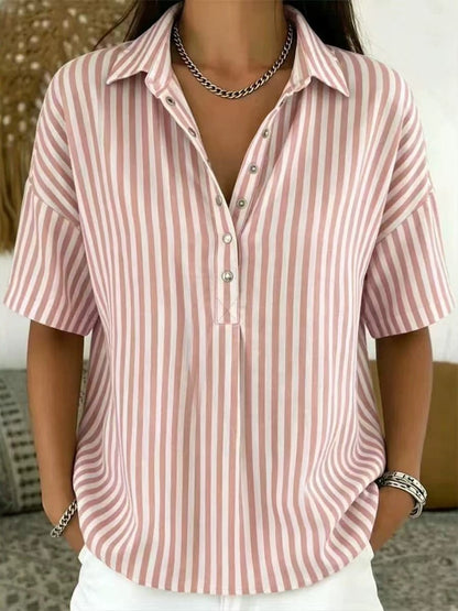 Blusa a Rayas Sin Esfuerzo para Mujeres con Cuello, Manga Corta, Botones Frente, Estilo Casual Relajado