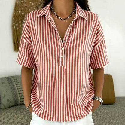 Blusa a Rayas Sin Esfuerzo para Mujeres con Cuello, Manga Corta, Botones Frente, Estilo Casual Relajado