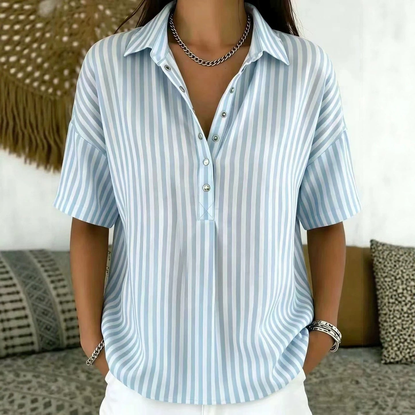 Blusa a Rayas Sin Esfuerzo para Mujeres con Cuello, Manga Corta, Botones Frente, Estilo Casual Relajado
