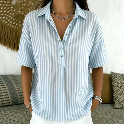Blusa a Rayas Sin Esfuerzo para Mujeres con Cuello, Manga Corta, Botones Frente, Estilo Casual Relajado