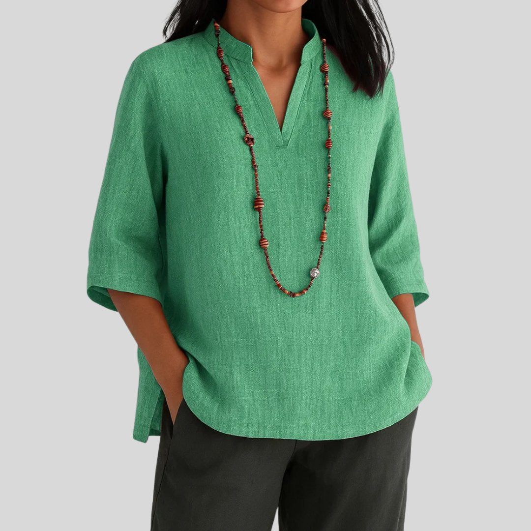 Blusa de Túnica de Lino Sin Esfuerzo para Mujeres con Cuello Mao, Manga de Codo, Corte Relajado y Abertura Lateral Casual