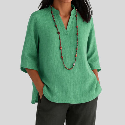 Blusa de Túnica de Lino Sin Esfuerzo para Mujeres con Cuello Mao, Manga de Codo, Corte Relajado y Abertura Lateral Casual