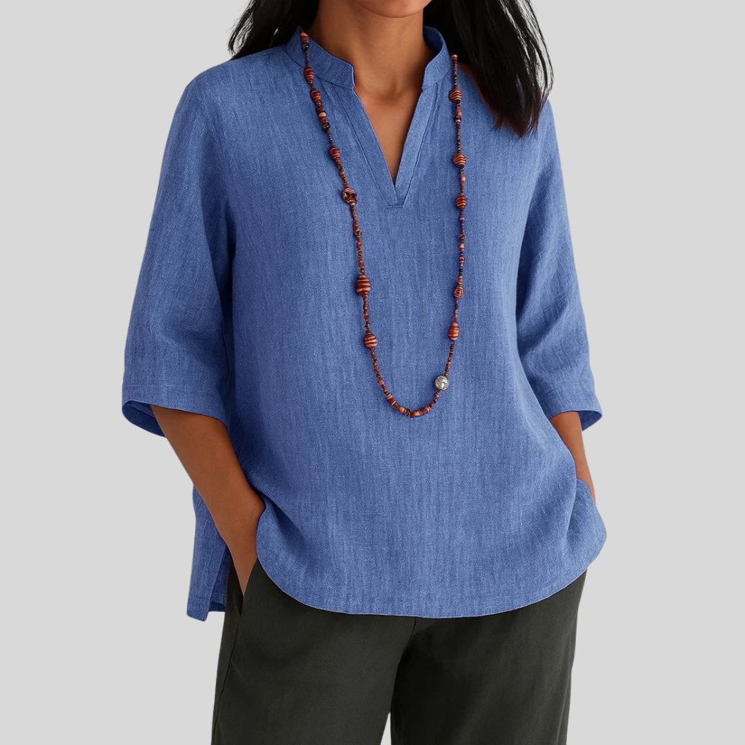 Blusa de Túnica de Lino Sin Esfuerzo para Mujeres con Cuello Mao, Manga de Codo, Corte Relajado y Abertura Lateral Casual