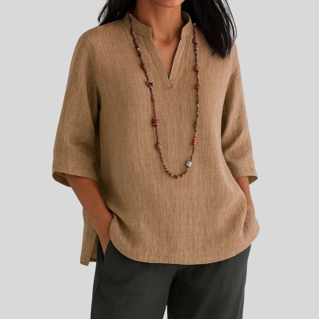 Blusa de Túnica de Lino Sin Esfuerzo para Mujeres con Cuello Mao, Manga de Codo, Corte Relajado y Abertura Lateral Casual
