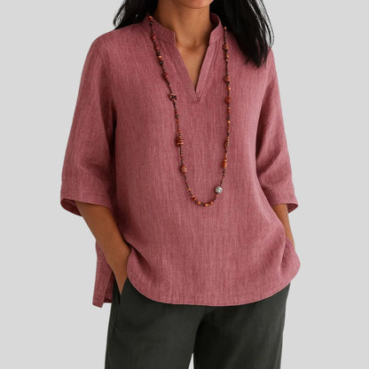 Blusa de Túnica de Lino Sin Esfuerzo para Mujeres con Cuello Mao, Manga de Codo, Corte Relajado y Abertura Lateral Casual