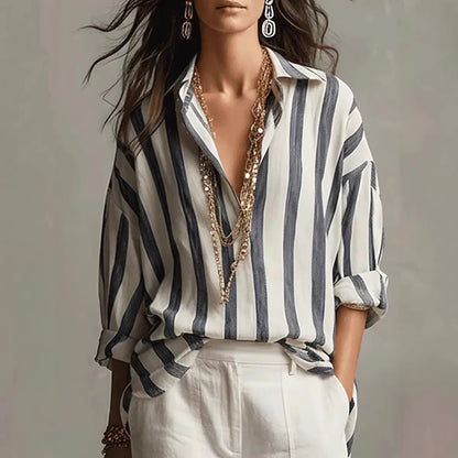 Blusa a Rayas Sin Esfuerzo para Mujeres con Cuello, Manga Larga, Estilo Casual y Relajado, Talla Oversized