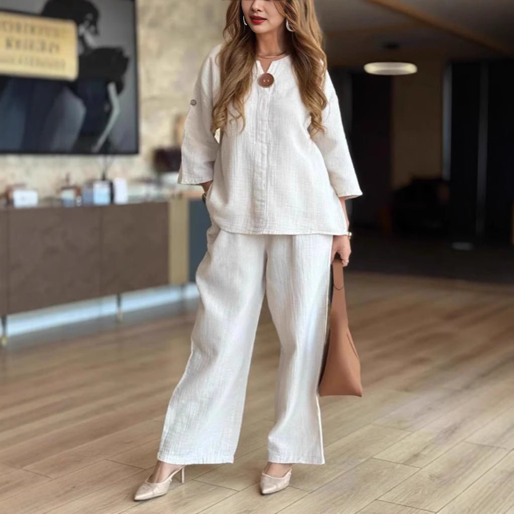 Conjunto de Pantalones Anchos de Lino Sin Esfuerzo para Mujeres con Cuello en V, Mangas de Codo y Botones Frontales en Dos Piezas