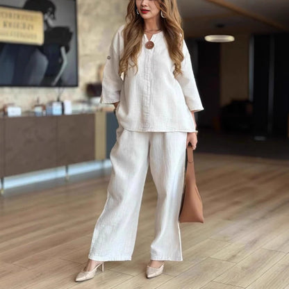 Conjunto de Pantalones Anchos de Lino Sin Esfuerzo para Mujeres con Cuello en V, Mangas de Codo y Botones Frontales en Dos Piezas