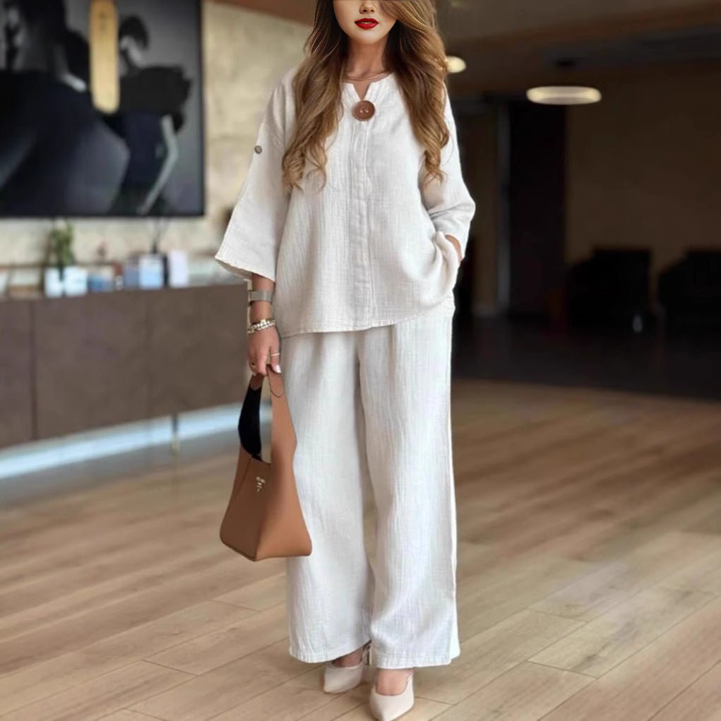 Conjunto de Pantalones Anchos de Lino Sin Esfuerzo para Mujeres con Cuello en V, Mangas de Codo y Botones Frontales en Dos Piezas