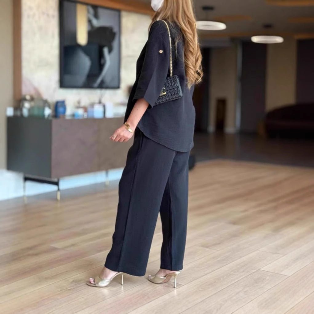 Conjunto de Pantalones Anchos de Lino Sin Esfuerzo para Mujeres con Cuello en V, Mangas de Codo y Botones Frontales en Dos Piezas