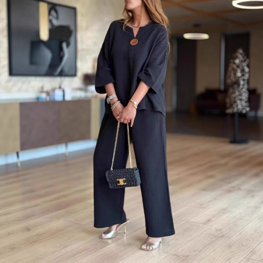 Conjunto de Pantalones Anchos de Lino Sin Esfuerzo para Mujeres con Cuello en V, Mangas de Codo y Botones Frontales en Dos Piezas