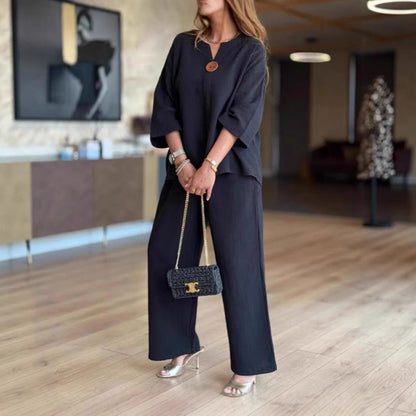 Conjunto de Pantalones Anchos de Lino Sin Esfuerzo para Mujeres con Cuello en V, Mangas de Codo y Botones Frontales en Dos Piezas