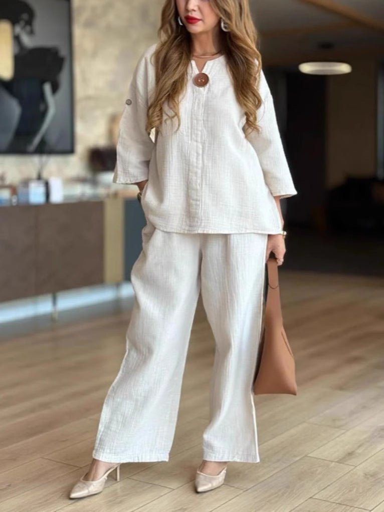 Conjunto de Pantalones Anchos de Lino Sin Esfuerzo para Mujeres con Cuello en V, Mangas de Codo y Botones Frontales en Dos Piezas