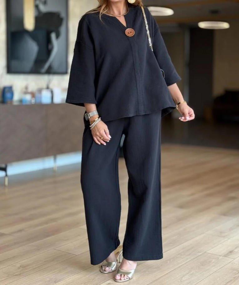 Conjunto de Pantalones Anchos de Lino Sin Esfuerzo para Mujeres con Cuello en V, Mangas de Codo y Botones Frontales en Dos Piezas