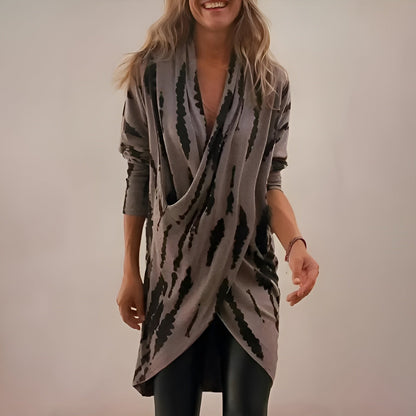 Cardigan Envolvente de Tie Dye Gris Sin Esfuerzo para Mujeres con Cuello en V Profundo y Manga Larga Estilo Bohemio Asimétrico