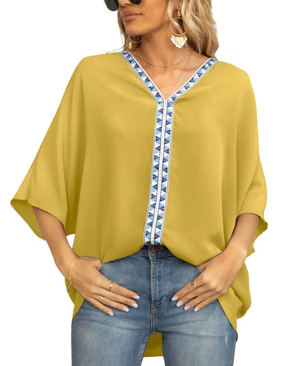 Blusa con Bordado y Mangas Murciélago para Mujeres con Escote en V y Dobladillo Asimétrico Estilo Bohemio
