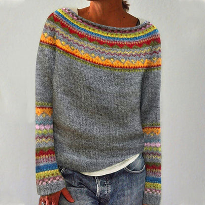 Suéter de Punto Fair Isle Cómodo para Mujeres con Cuello Barco, Manga Larga, Estilo Relajado y Oversized