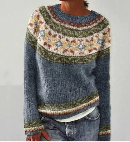 Suéter de Punto Fair Isle Cómodo para Mujeres con Cuello Barco, Manga Larga, Estilo Relajado y Oversized