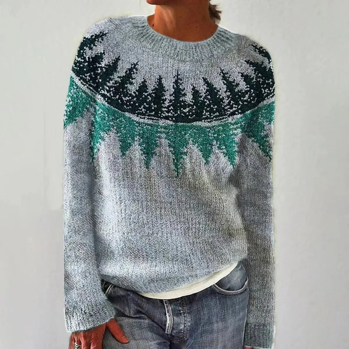 Suéter de Punto Fair Isle Cómodo para Mujeres con Cuello Barco, Manga Larga, Estilo Relajado y Oversized