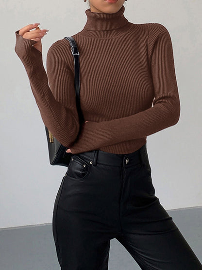 Suéter de punto acanalado cómodo para mujeres con cuello alto, de manga larga y estilo ajustado bodycon