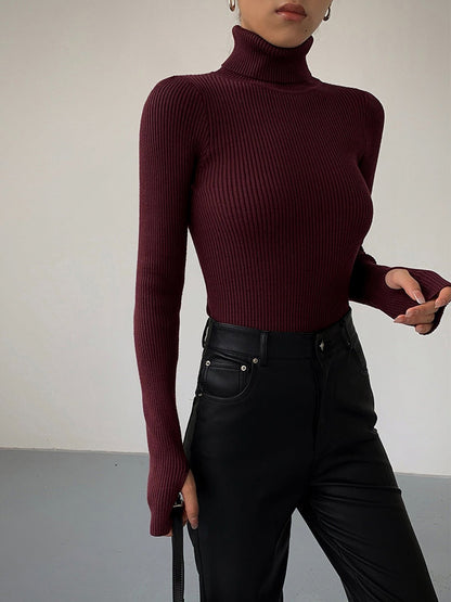 Suéter de punto acanalado cómodo para mujeres con cuello alto, de manga larga y estilo ajustado bodycon