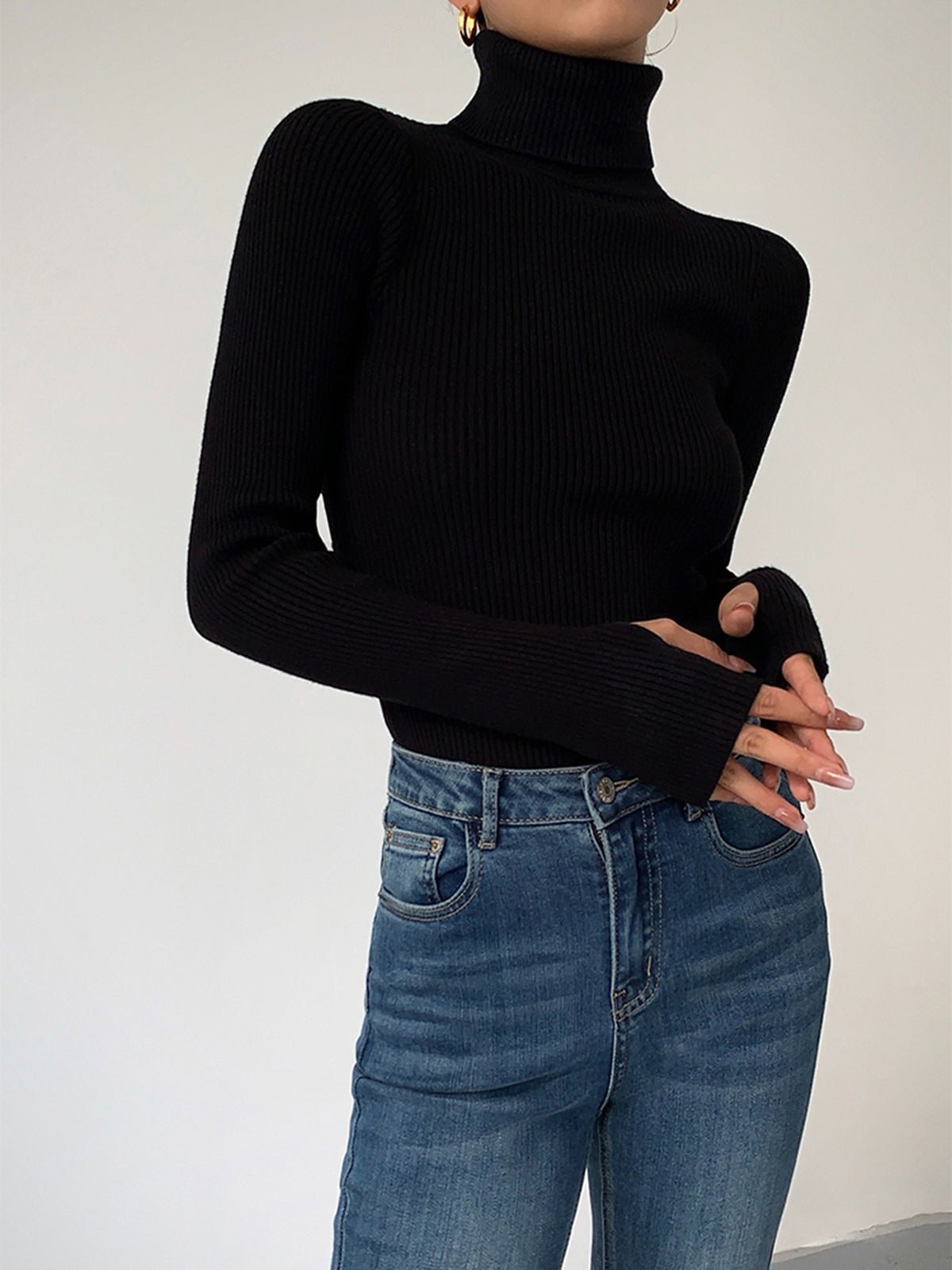 Suéter de punto acanalado cómodo para mujeres con cuello alto, de manga larga y estilo ajustado bodycon