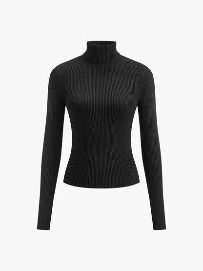 Suéter de punto acanalado cómodo para mujeres con cuello alto, de manga larga y estilo ajustado bodycon