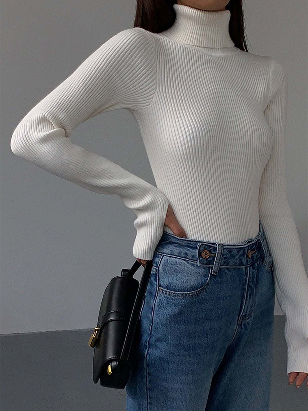 Suéter de punto acanalado cómodo para mujeres con cuello alto, de manga larga y estilo ajustado bodycon