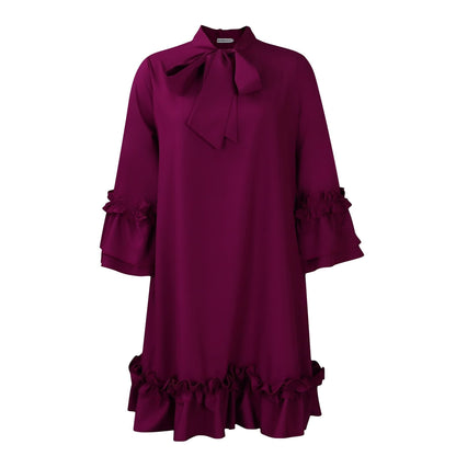 Vestido Mini Elegante con Lazo para Mujeres con Cuello Alto y Mangas de Campana con Volantes en el Dobladillo Estilo Cóctel