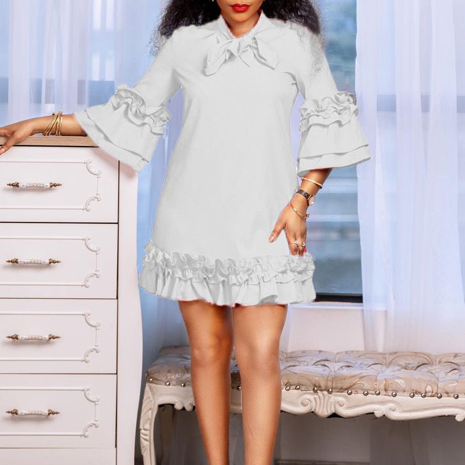 Vestido Mini Elegante con Lazo para Mujeres con Cuello Alto y Mangas de Campana con Volantes en el Dobladillo Estilo Cóctel