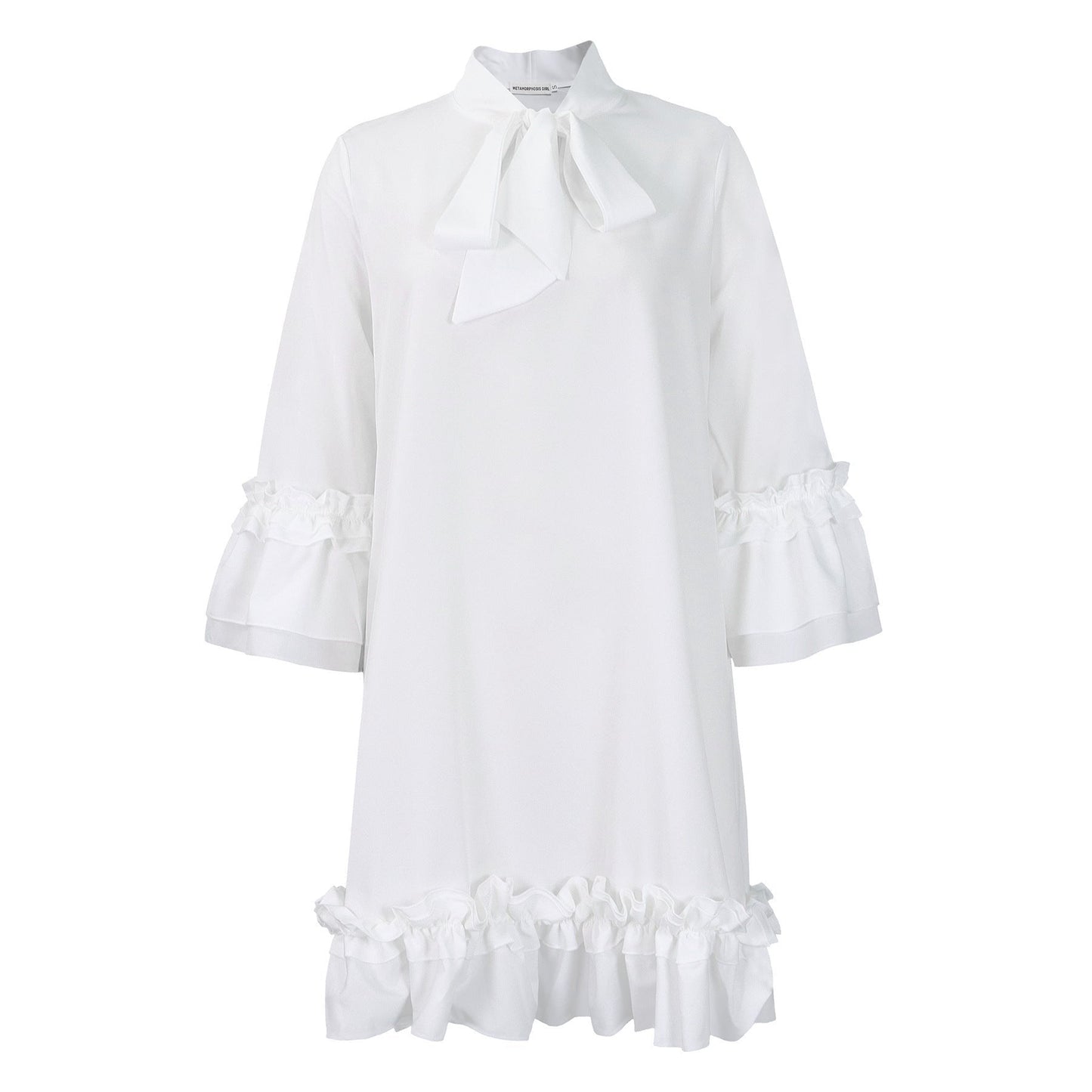 Vestido Mini Elegante con Lazo para Mujeres con Cuello Alto y Mangas de Campana con Volantes en el Dobladillo Estilo Cóctel