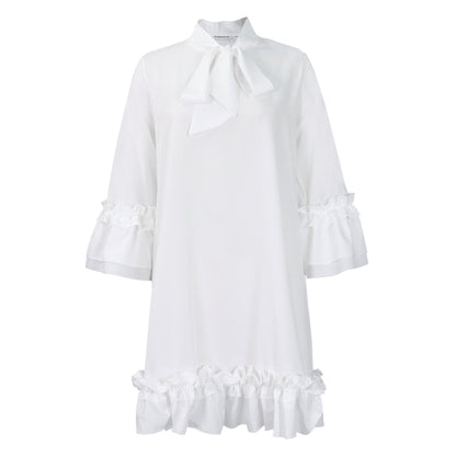 Vestido Mini Elegante con Lazo para Mujeres con Cuello Alto y Mangas de Campana con Volantes en el Dobladillo Estilo Cóctel