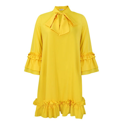 Vestido Mini Elegante con Lazo para Mujeres con Cuello Alto y Mangas de Campana con Volantes en el Dobladillo Estilo Cóctel