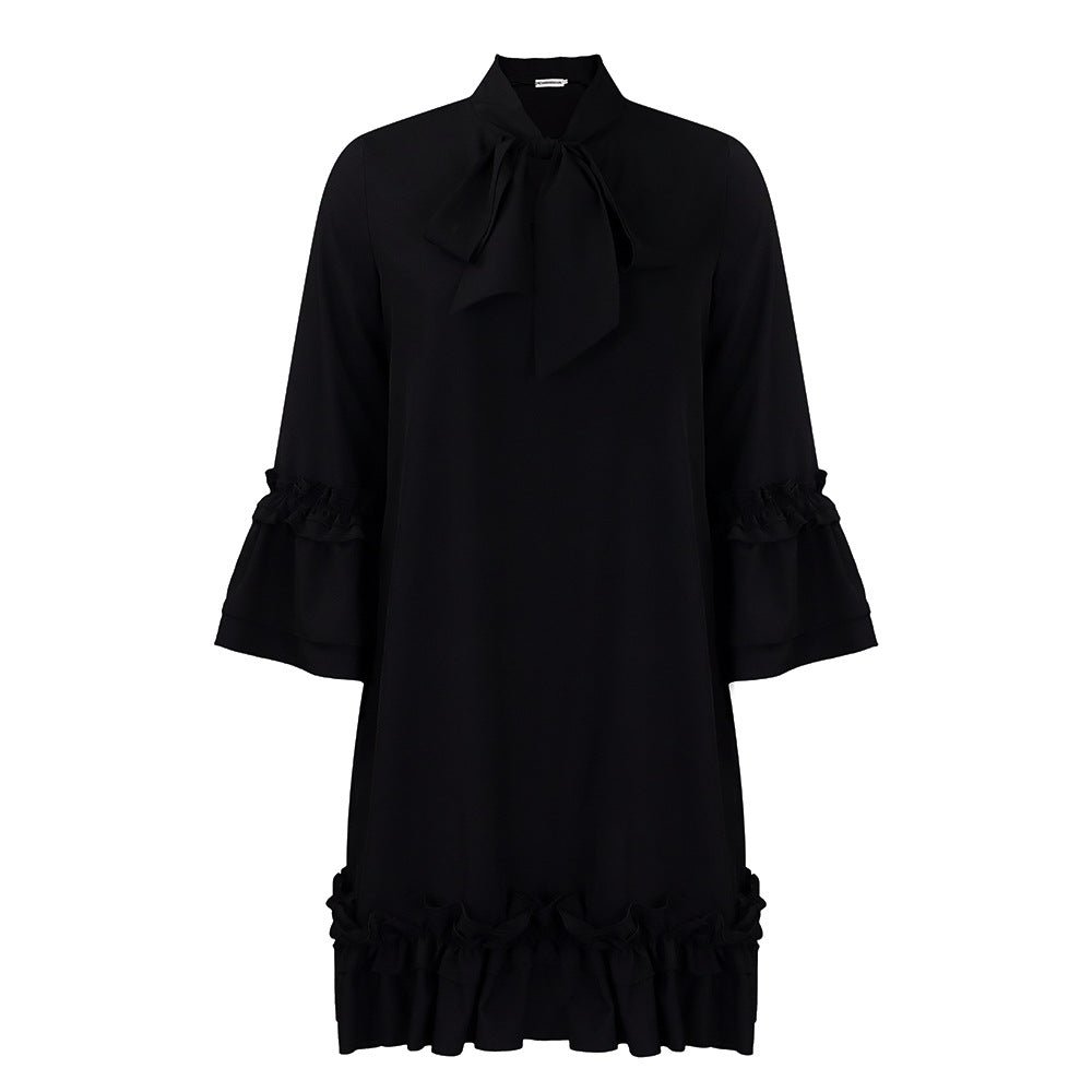 Vestido Mini Elegante con Lazo para Mujeres con Cuello Alto y Mangas de Campana con Volantes en el Dobladillo Estilo Cóctel