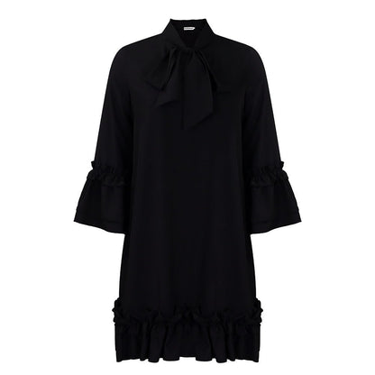 Vestido Mini Elegante con Lazo para Mujeres con Cuello Alto y Mangas de Campana con Volantes en el Dobladillo Estilo Cóctel
