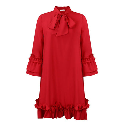 Vestido Mini Elegante con Lazo para Mujeres con Cuello Alto y Mangas de Campana con Volantes en el Dobladillo Estilo Cóctel