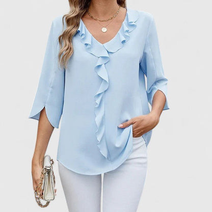 Blusa de Chiffon con Volantes para Mujeres con Escote en V y Mangas Abiertas, Estilo Relajado y Fluido