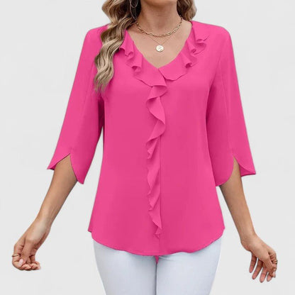 Blusa de Chiffon con Volantes para Mujeres con Escote en V y Mangas Abiertas, Estilo Relajado y Fluido