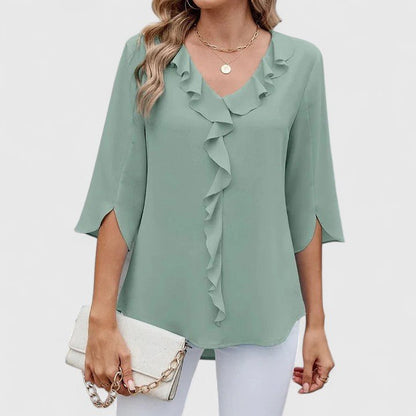 Blusa de Chiffon con Volantes para Mujeres con Escote en V y Mangas Abiertas, Estilo Relajado y Fluido