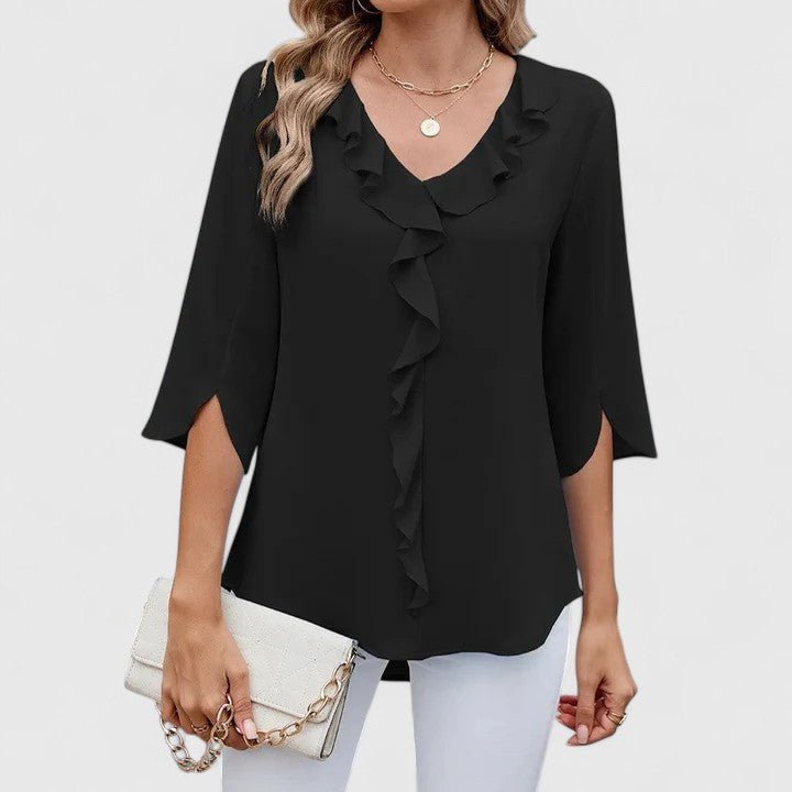 Blusa de Chiffon con Volantes para Mujeres con Escote en V y Mangas Abiertas, Estilo Relajado y Fluido
