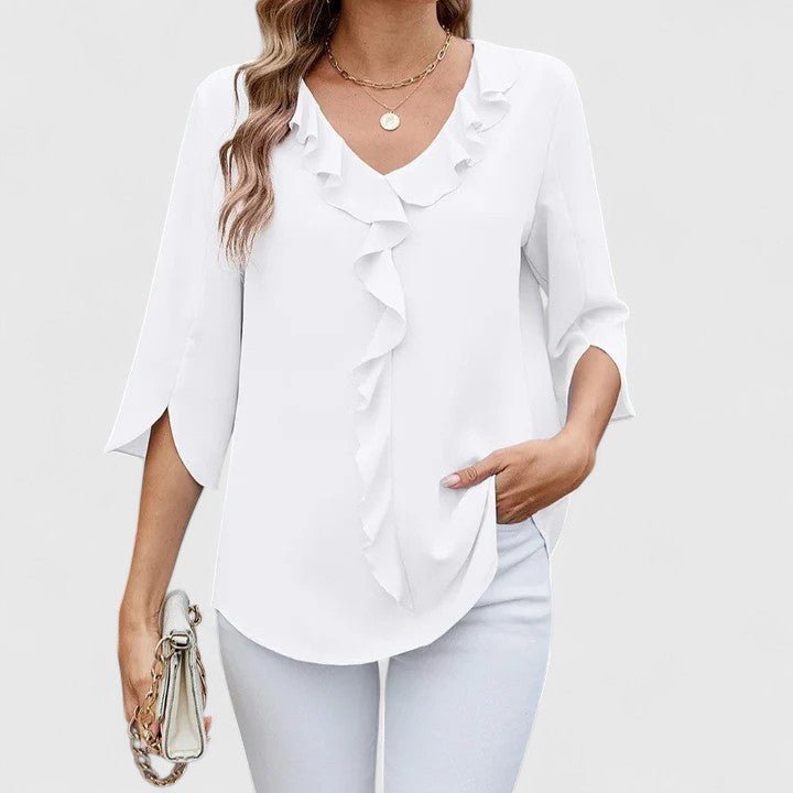 Blusa de Chiffon con Volantes para Mujeres con Escote en V y Mangas Abiertas, Estilo Relajado y Fluido
