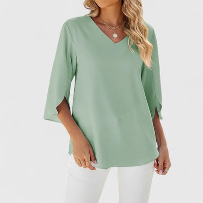 Blusa de Chiffon con Volantes para Mujeres con Escote en V y Mangas Abiertas, Estilo Relajado y Fluido