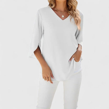 Blusa de Chiffon con Volantes para Mujeres con Escote en V y Mangas Abiertas, Estilo Relajado y Fluido