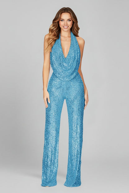Jumpsuit Elegante de Lentejuelas para Mujeres con Cuello Halter de Cowl y Pierna Ancha para Fiesta Formal