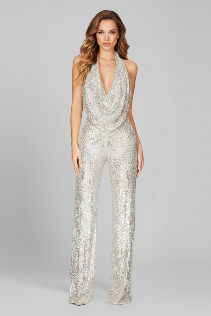 Jumpsuit Elegante de Lentejuelas para Mujeres con Cuello Halter de Cowl y Pierna Ancha para Fiesta Formal