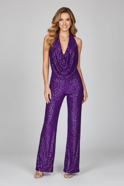 Jumpsuit Elegante de Lentejuelas para Mujeres con Cuello Halter de Cowl y Pierna Ancha para Fiesta Formal